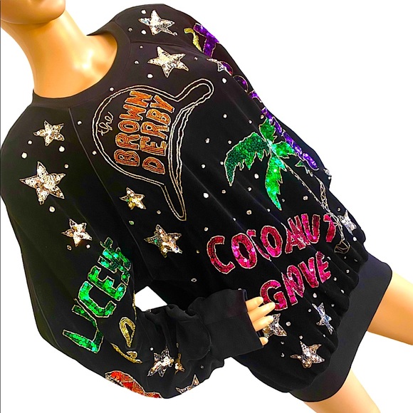 🆕 VINTAGE 80s BONNIE BOERER & CO VELVET SEQUIN HOLLYWOOD NIGHTCLUB SWEATSHIRT - Picture 6 of 16